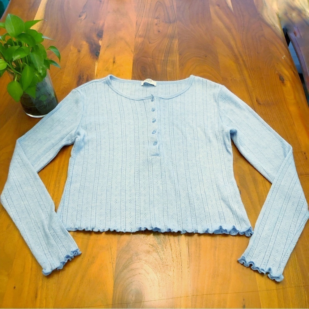 SUZY Pastel Blue Casual Relaxed Fit Button Down Long Sleeves Knits T Shirt Tee - Picture 7 of 15